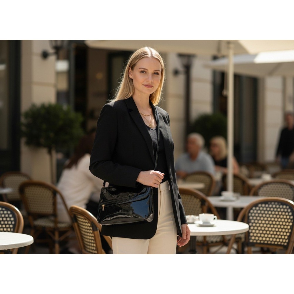 Almond‎ Originals Black Patent Faux Leather Crossbody Shoulder Bag Vintage Style